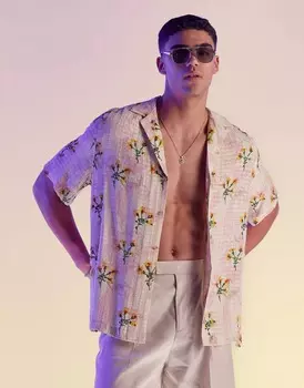 Рубашка Asos Design Relaxed Deep Revere In Jacquard Floral Print, розовый