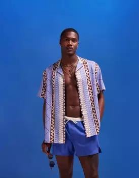 Рубашка Asos Design Relaxed Revere Beachy In Zig Zag Stripe Print, фиолетовый