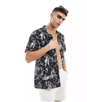 Рубашка Asos Design Relaxed Revere Linen Look With Floral Print, черный