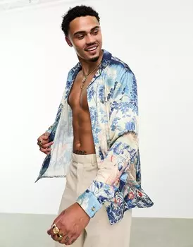 Рубашка Asos Design Relaxed Revere Satin With Placement Print, мультиколор