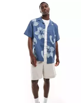 Рубашка Asos Design Relaxed Revere With Hawaiian Floral Embroidery, синий