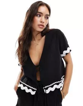 Рубашка Asos Design Tie Front And Zigzag Finish, черный/белый