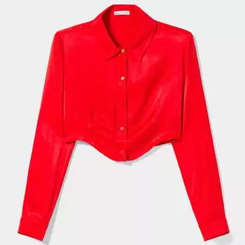 Рубашка Bershka Long Sleeve Cropped Fitted Satin, красный