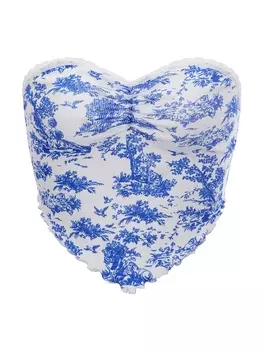 Рубашка без бретелек SHEIN ICON, узор в виде птиц и листьев, волнистые края, треугольная форма, синий и белый