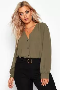 Рубашка без воротника с ткаными пуговиками plus Boohoo, хаки