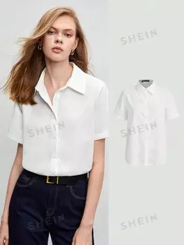 Рубашка BIZwear, однотонная, на пуговицах спереди, рабочая одежда Shein, белый
