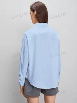 Рубашка BIZwear, однотонная, заниженная линия плеча, изогнутый низ Shein, синий