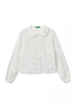 Рубашка-блузка WITH SMALL PLEATS AT FRONT COVERED BUTTONS AND ROUND COLLAR LOGO United Colors of Benetton, белый
