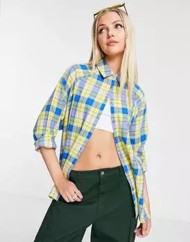 Рубашка бойфренда с длинными рукавами в ярко-желтую и синюю клетку ASOS DESIGN