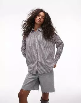 Рубашка бойфренда в полоску, с контрастной окантовкой и сборками Rsum