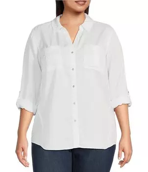 Рубашка больших размеров в западном направлении из тканого материала с длинными рукавами с отворотами, заостренным воротником, Y-образным вырезом и пуговицами спереди Westbound, белый