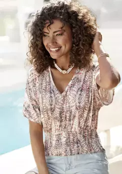 Рубашка Buffalo с короткими рукавами и принтом по всей поверхности, блузка-рубашка с легкими воланами на рукавах, бежевый