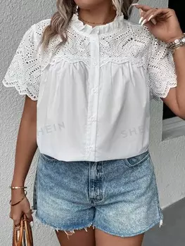 Рубашка Clasi Plus, сетчатая вышивка, плиссированная отделка, пуговицы спереди Shein, белый