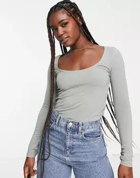 Рубашка цвета хаки с длинными рукавами и овальным вырезом в рубчик New Look