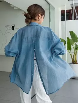 Рубашка DAZY Kpop, спинка на пуговицах, заниженная линия плеча, без полосок, цвет синий