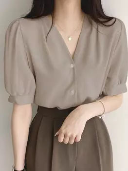 Рубашка DAZY, однотонная, V-образный вырез, пуговицы спереди, хаки