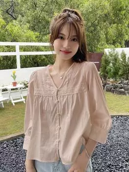 Рубашка DAZY, широкий крой, кружево, прошитый рисунок, V-образный вырез, повседневная, розовый