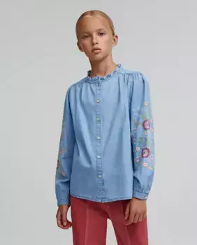 Рубашка для девочки с вышивкой и манжетой на пуговицах Scalpers, синий