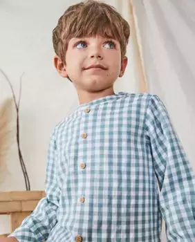 Рубашка для мальчика с воротником-стойкой в бело-зеленую клетку Dadati, цвет Verde Agua