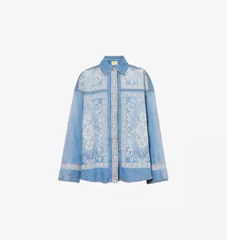 Рубашка джинсовая с разрезом и кружевной вышивкой Free People, цвет med rancher wash