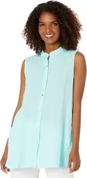 Рубашка Eileen Fisher Mandarin Collar Sleeveless Long Shirt in Garment Dyed Organic Handkerchief, цвет Aqua