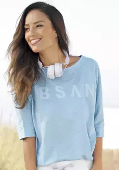 Рубашка Elbsand с круглым вырезом "Iduna", с логотипом, смесь хлопка, свободный крой, голубой