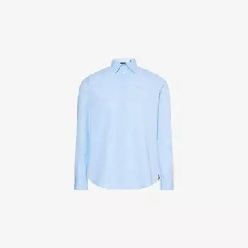 Рубашка Emporio Armani из льна и хлопка с вышивкой и фигурным подолом, голубой
