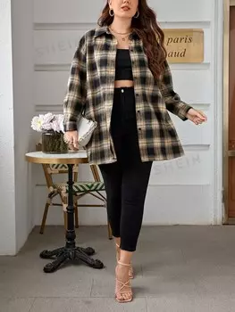 Рубашка Essnce Plus, клетчатый узор, пуговицы спереди, заниженная линия плеча Shein, мультиколор