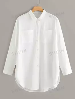 Рубашка Essnce Plus, короткая передняя часть, длинная задняя часть, украшение на кармане Shein, белый