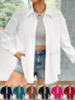 Рубашка EZwear Plus, заниженная линия плеча, пуговицы спереди Shein, белый