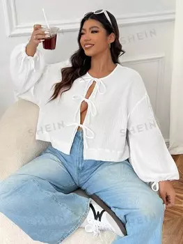 Рубашка EZwear, украшенная бантом, из узорчатой ткани, для ношения ранней осенью, специальный размер Shein, белый