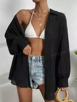 Рубашка фактурная Shein Essnce с заниженными плечами, черный