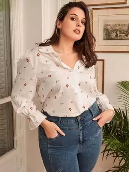 Рубашка Frenchy Plus, мелкий цветочный узор Плиссированные рукава Shein, белый