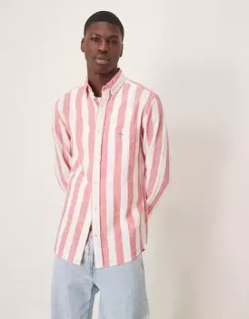 Рубашка GANT из хлопка, льна и хлопка в смелую полоску с логотипом щита кирпично-красного цвета
