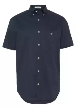 Рубашка Gant с короткими рукавами "Regular Fit Poplin Shirt, легкая, износостойкая, нетребовательная в уходе", с небольшой вышивкой логотипа на нагрудном кармане, цвет морской волны