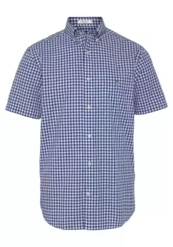 Рубашка Gant с короткими рукавами "Regular Fit Gingham Poplin Shirt, износостойкая, простая в уходе в клетку", с небольшой вышивкой логотипа на нагрудном кармане, синий