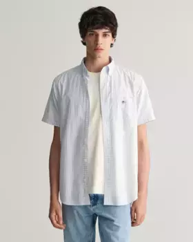Рубашка Gant с короткими рукавами "Regular Fit Gingham Poplin Shirt, износостойкая, простая в уходе в клетку", с небольшой вышивкой логотипа на нагрудном кармане, голубой