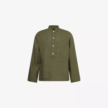 Рубашка Grandad-Collar Drakes из льна с длинным рукавом и отложным воротником, хаки