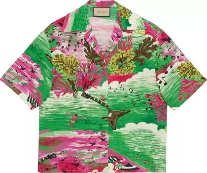 Рубашка Gucci Music Ocean Print Bowling Shirt Solid Green, зеленый