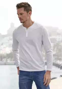 Рубашка H.I.S Henley, длинный рукав, рубашка с планкой на пуговицах из качественного структурированного хлопка, белый