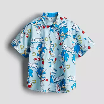 Рубашка H&M Kids Patterned Cotton Sonic the Hedgehog, бирюзовый