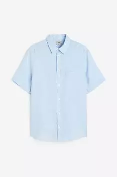 Рубашка H&M Regular Fit Short-sleeved Linen Shirt, голубой