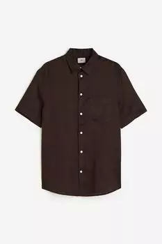 Рубашка H&M Regular Fit Short-sleeved Linen Shirt, коричневый