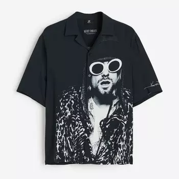 Рубашка H&M Relaxed Fit Patterned Resort Kurt Cobain, черный