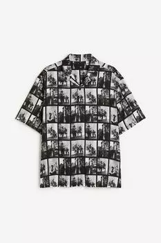 Рубашка H&M Relaxed Fit Patterned Resort Shirt, черный, белый