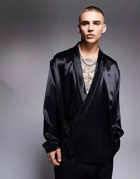 Рубашка-халат из черного атласа ASOS DESIGN