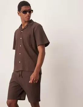 Рубашка Homme co-ord revere с вафельным воротником коричневого цвета Selected Homme