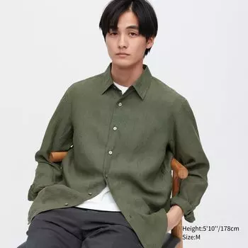 Рубашка из 100% льна премиум-класса UNIQLO, оливково-зеленый