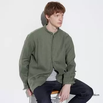 Рубашка из 100% льна премиум-класса с воротником-стойкой UNIQLO, оливково-зеленый