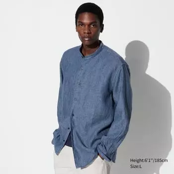 Рубашка из 100% льна премиум-класса с воротником-стойкой UNIQLO, синий